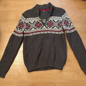 Izod Gray Zip Up Sweater with Red and White Pattern